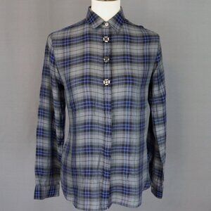 LOFT Small Plaid Tartan Blue Grey Blouse Rhinestone Button Down